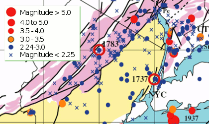 Map of quakes and fault lines in NYC area, 1677-2004.