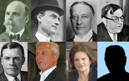 Top row, from left: Charles V. Fornes, John Purroy Mitchel, Al Smith, Fiorello H. La Guardia; bottom row: Joseph V. McKee, Mark Green, Betsy Gotbaum