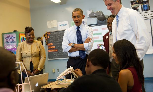 Obama and Duncan at P-Tech HS (Getty)