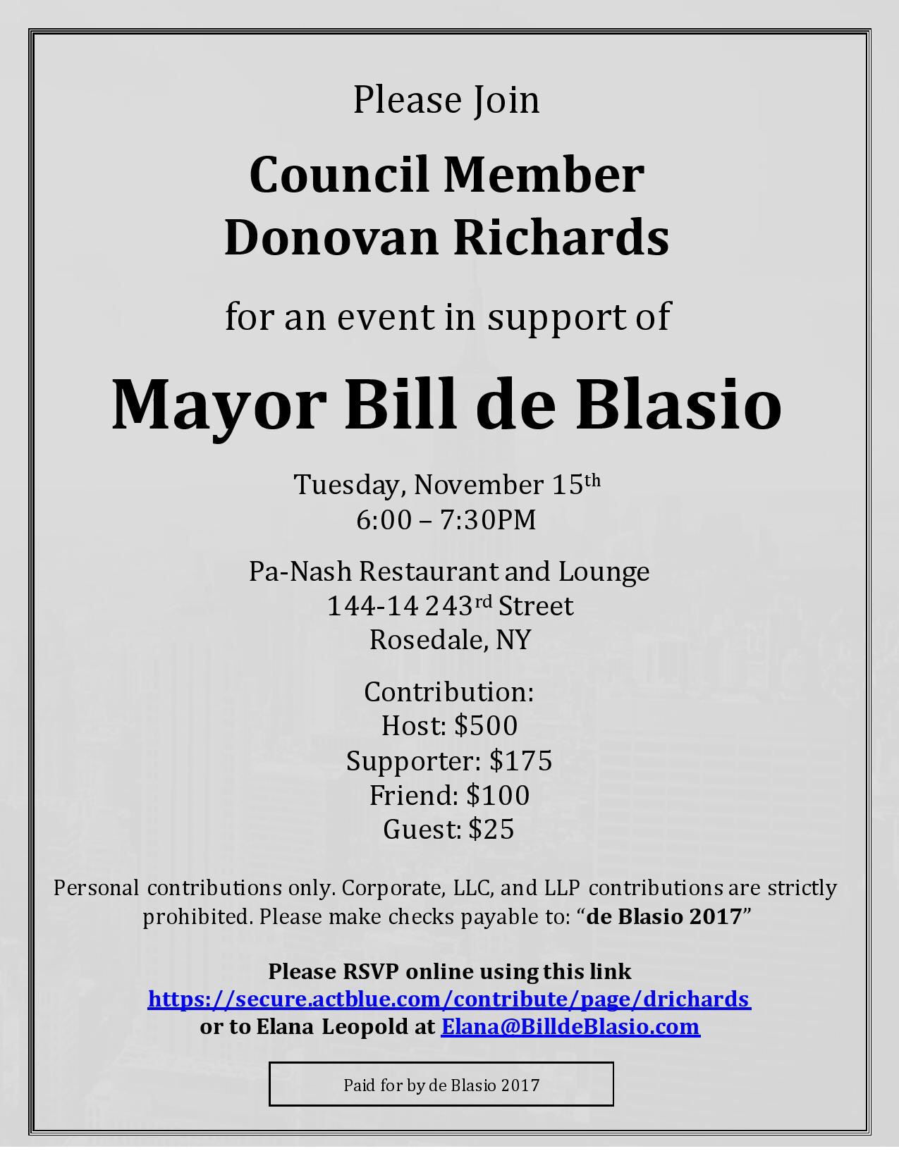 de blasio fundraiser invite richards