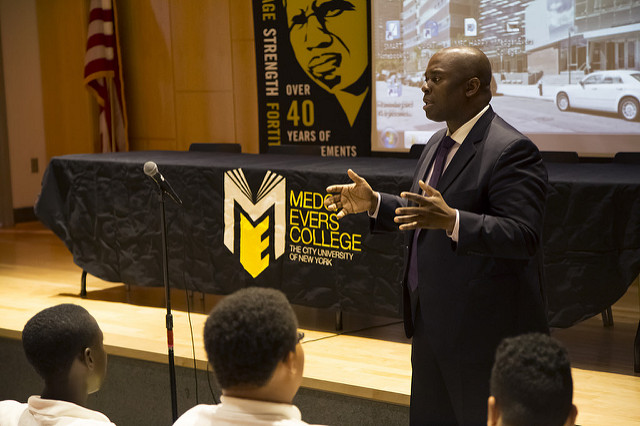 Deputy Mayor Richard Buery speaking Medgar Evers