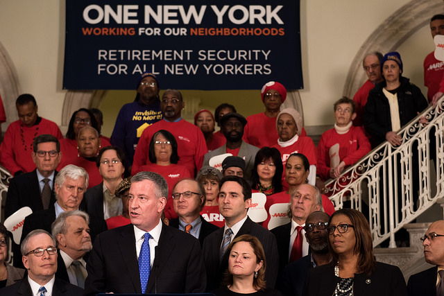 de blasio aarp retirement savings city hall rally