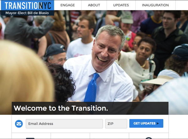 Screen shot of de Blasio's transition website