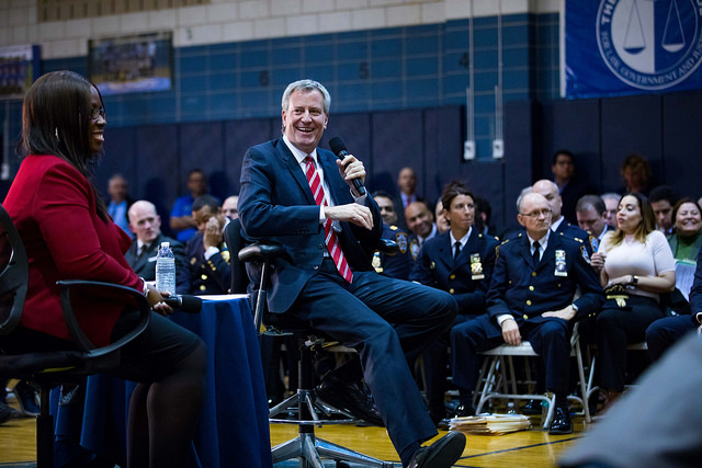 De Blasio town hall smile