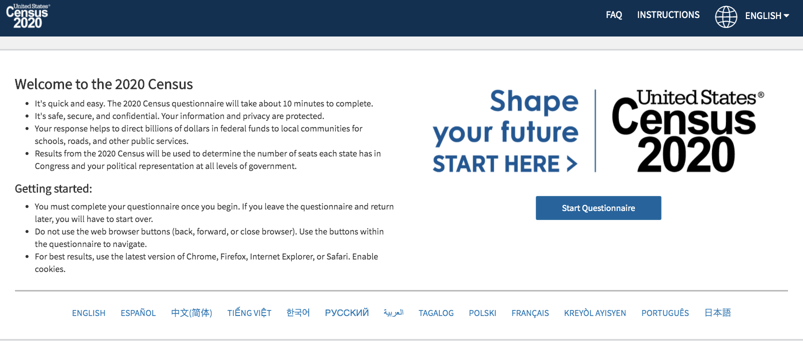 2020 census homepage screenshot